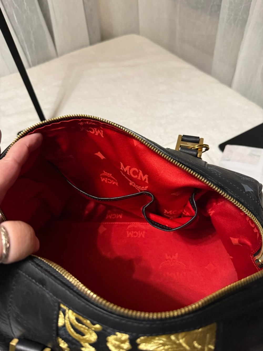 *RARE* MCM Black Leather Speedy 30,  Gold Embroidered Accents and Red/Navy Trim - Picture 13 of 15